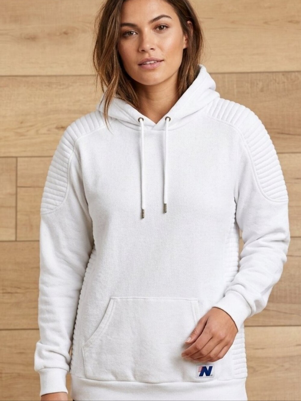 Aviator Nation White  Quilted Panel Hoodie with Small Flag Logo size Large